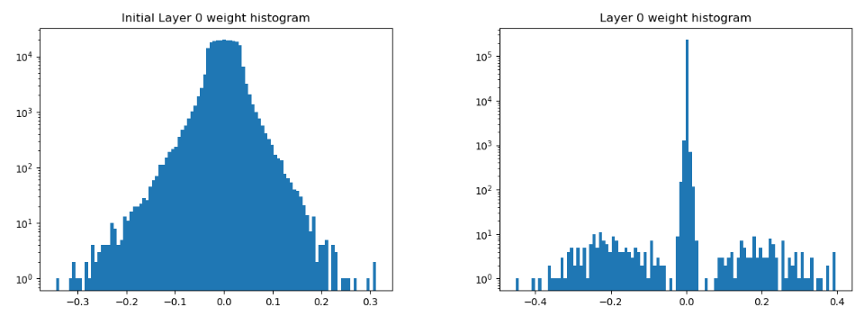 Weight histograms for neural network under a sparsity-inducing prior